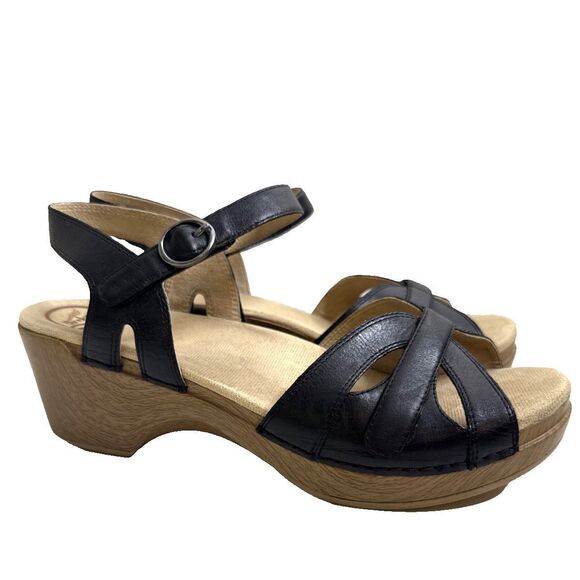 Dansko Season Sandals Ankle Strap Slingback Black Leather Womens EU 42 11.5 12 - Picture 1 of 11